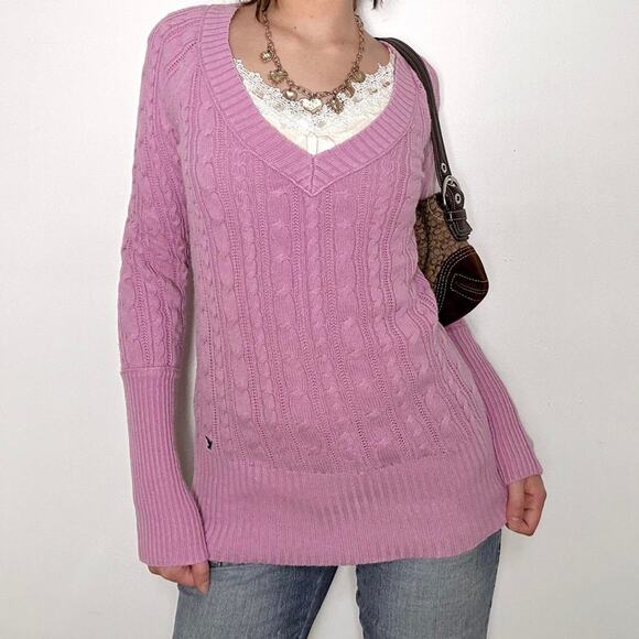 Y2k purple/pink vintage american eagle cable knit vneck sweater - Picture 2 of 8